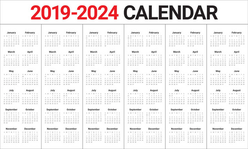 年 2019  2021 2022 2023 2024 月历矢量设计模板, 简洁整洁的设计