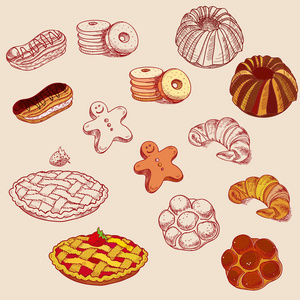 手的素描画的甜点甜品糕点烘焙产品甜甜圈，馅饼 羊角面包，饼干