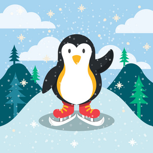 企鹅的吉祥物和美丽的冬天背景