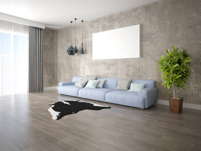 模拟一个时尚的客厅与一个大时髦的沙发和时髦的时髦背景