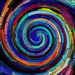 螺旋旋转系列。彩色碎片彩色玻璃旋涡图案的创造性编排, 作为色彩设计创意艺术和想象主题的概念隐喻