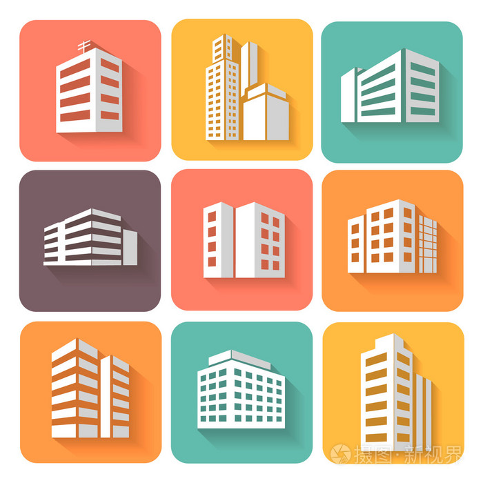 一套三维建筑物图标与阴影