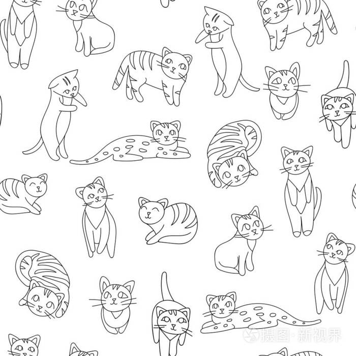 无缝的模式与黑白手绘猫, 涂鸦艺术