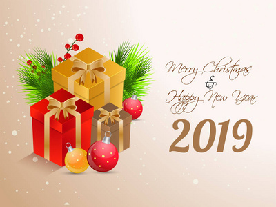 快乐的新年2019年贺卡设计与礼品盒和小泡插图在光泽的背景为快乐的圣诞节庆祝活动