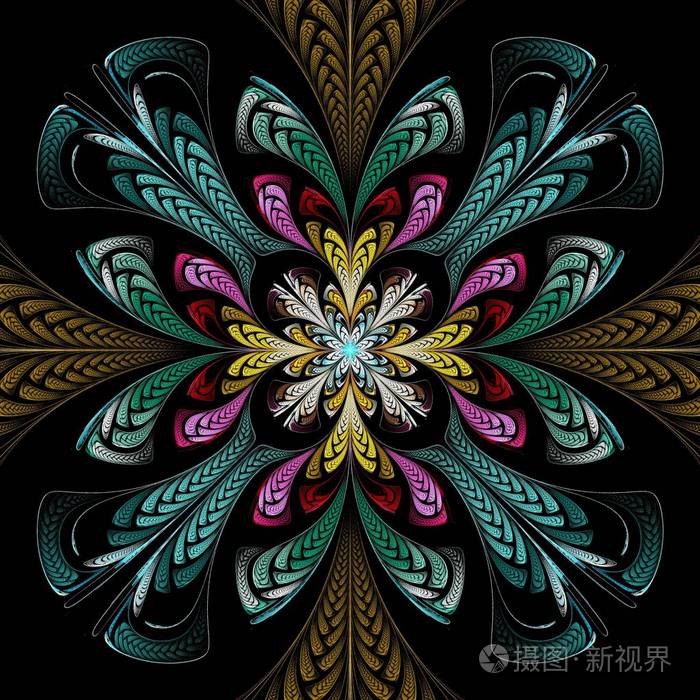 的对称分形曼荼罗花或蝴蝶数码艺术品为创意平面设计计算机生成的图形