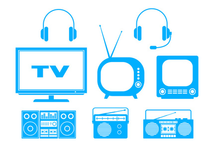 蓝色音频和电视在白色背景上的图标
