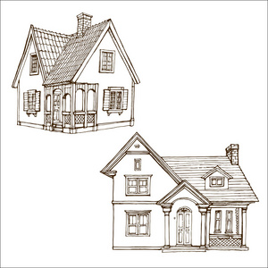 维多利亚式可爱的小房子设置轮廓墨迹绘制着色书页股票矢量插图