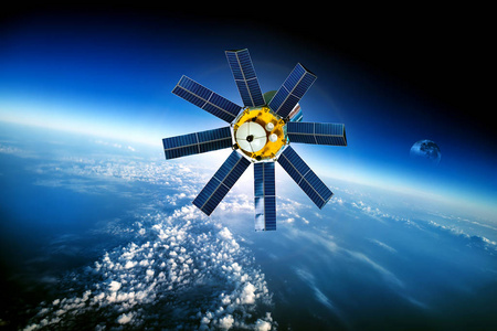 空间卫星绕地球飞行.这幅图像由美国国家航空航天局提供的元素照片