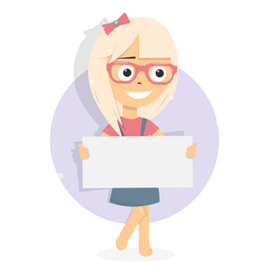 女孩和白色空白板.卡通人物照片