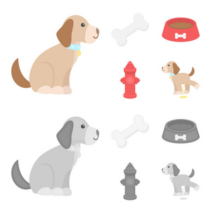 一根骨头, 一个消防栓, 一碗食物, 一只小便狗。狗集合图标在卡通, 单色风格矢量符号股票插画网站