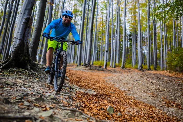 山地自行车在秋季山区森林景观.男子单车 mtb 流径径.户外体育活动