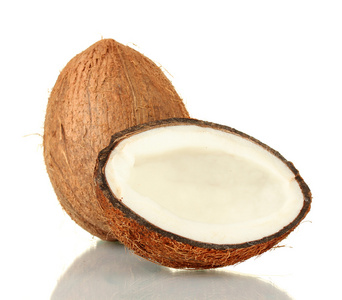 与白色背景特写上隔离半个椰子椰子