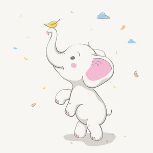 可爱的可爱的大象玩黄叶。卡通动物卡片。简单矢量图示