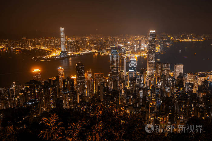 美丽的建筑, 在黄昏和黑夜中, 香港城市的外部景观