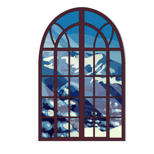 窗户俯瞰白雪覆盖的山脉, 在白色背景下隔绝。室内设计豪华乡间别墅。向量例证