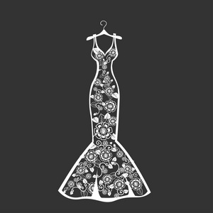 挂在衣架上的蕾丝婚纱礼服。美丽的矢量插图。剪影