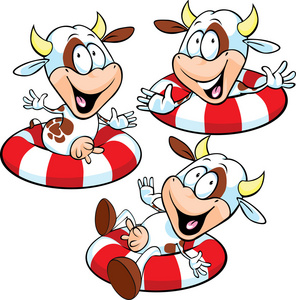 隔离游泳在游泳圈隔离在白色背景上的滑稽牛卡通照片