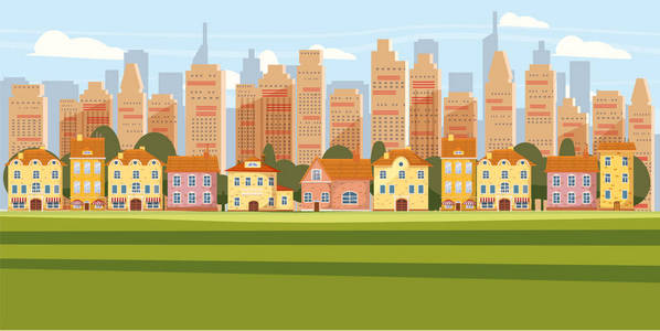 都市景观背景现代城市全景与郊区市中心超过摩天大楼天际线剪影动画片向量例证
