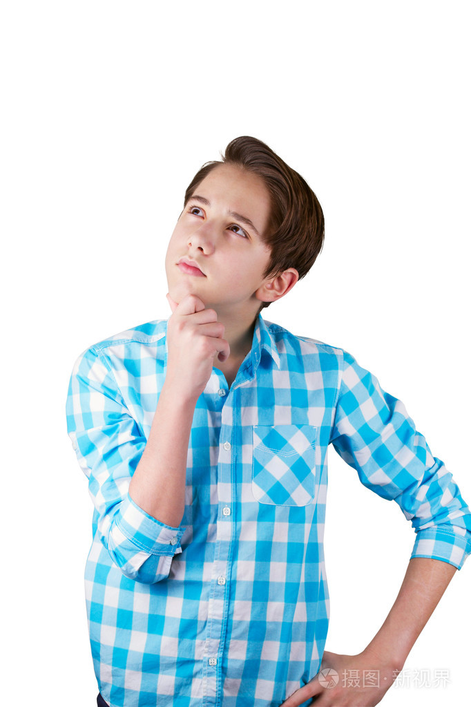 少年被怀疑或思考关于孤立的白色背景上的东西