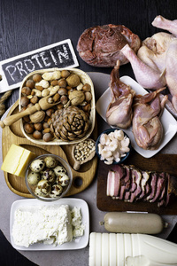 健康蛋白质来源和身体建设食品的分类。肉类牛肉虾鸡鹌鹑小鸡豌豆, 酱, 蛋乳制品奶酪豆坚果饭。背景, 顶部视图