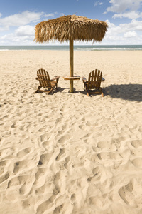 两个美丽的海洋沙滩滩椅子和伞图片
