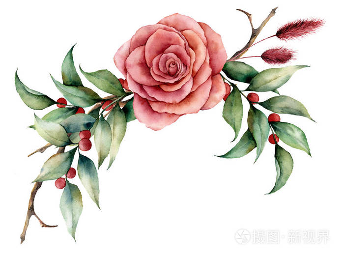 玫瑰和浆果的水彩花束 手绘花卉插图与粉红色的花朵 叶子 Lagurus 草和树枝孤立的白色背景 用于设计 打印或背景照片 正版商用图片0agkjc 摄图新视界