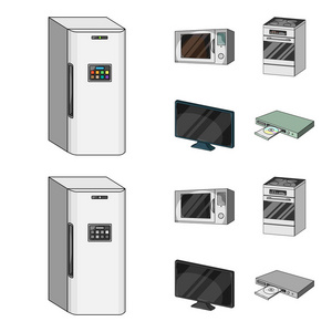 家电和设备卡通, 单色图标在集合中进行设计。现代家电矢量符号股票 web 插图