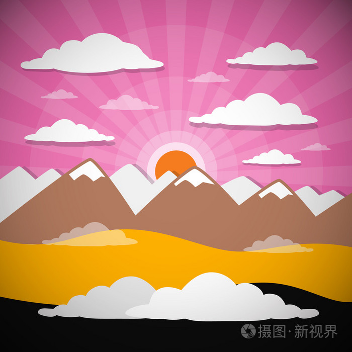 自然抽象山图,云层密布,太阳落山的崛起,粉红色的天空插画-正版商用