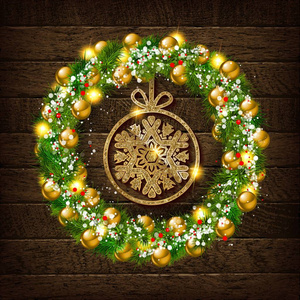 圣诞花圈与金色雪花在木质背景。矢量插图