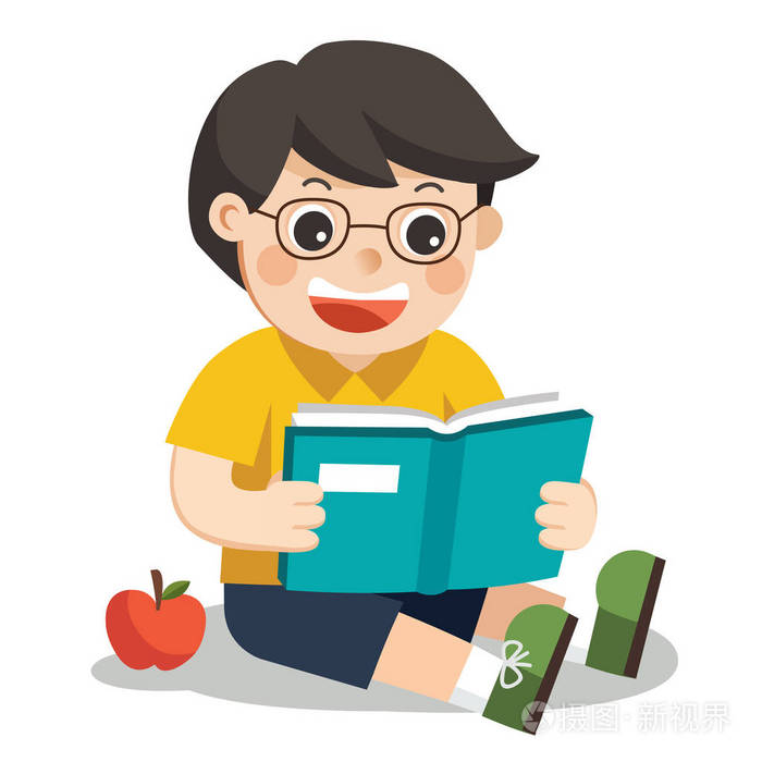 他看着一本书坐在地板上.