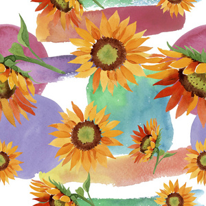 水彩橙向日葵花。花卉植物花。无缝的背景图案。织物墙纸打印纹理。水彩画野花为背景, 纹理, 包装图案, 边框