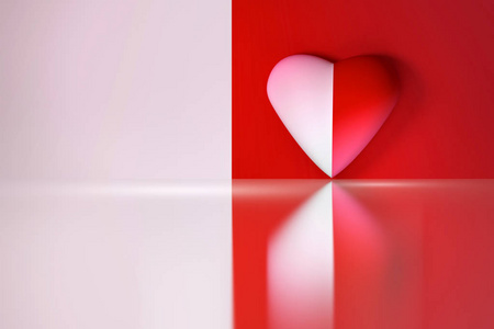 红心红色和白色彩色心脏在双色闪亮反光背景。3d 插图