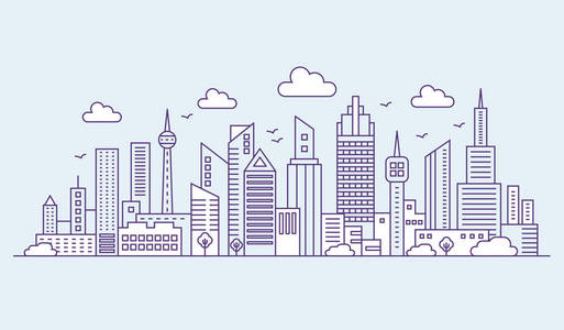 在蓝色背景全景上排列现代城市大城市.