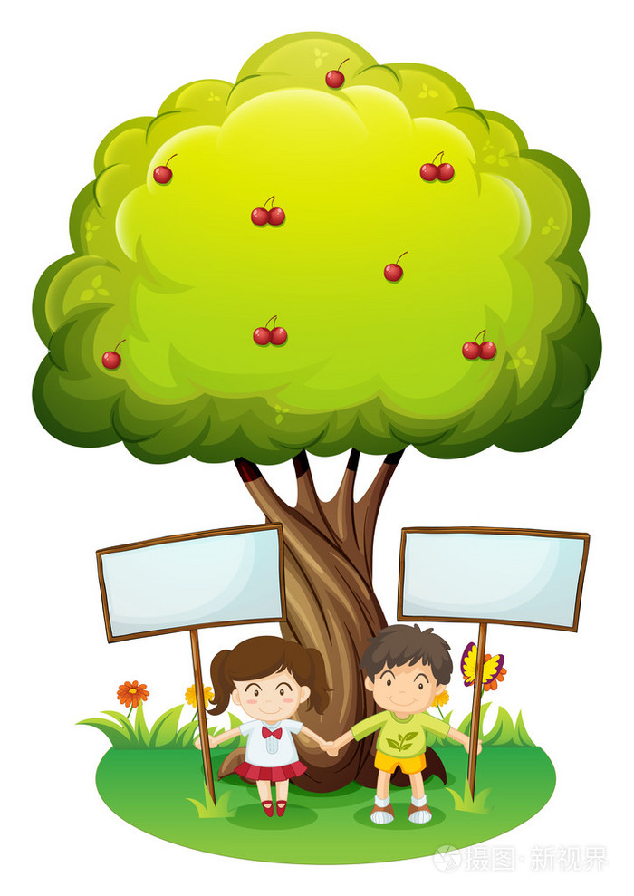 孩子们在树下一起空招牌