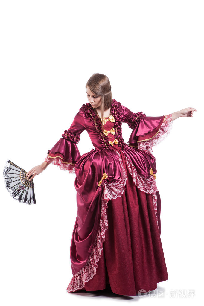 中世纪时期的女士穿着白色背景上孤立的优雅复古服装