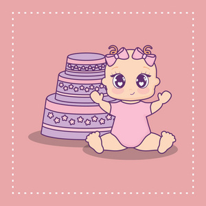 带蛋糕和小女孩的婴儿沐浴卡