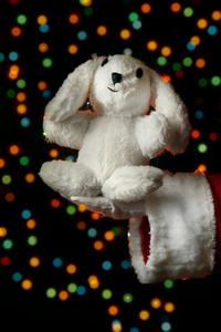 在明亮的背景上拿玩具兔的圣诞老人手