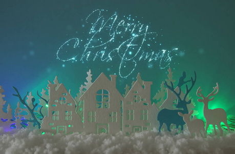 神奇圣诞纸剪下冬季背景景观与房子, 树木, 鹿和雪在北极光背景下