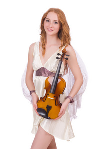 古代女神用上白色孤立的小提琴