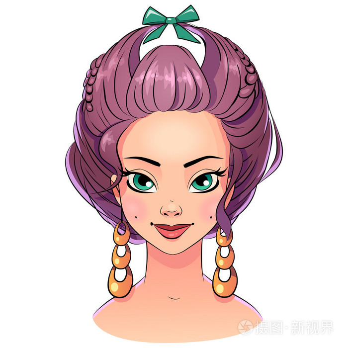 艺术美丽的头发样式女孩画像明亮柔和颜色与黑色描边轮廓向量剪贴画上