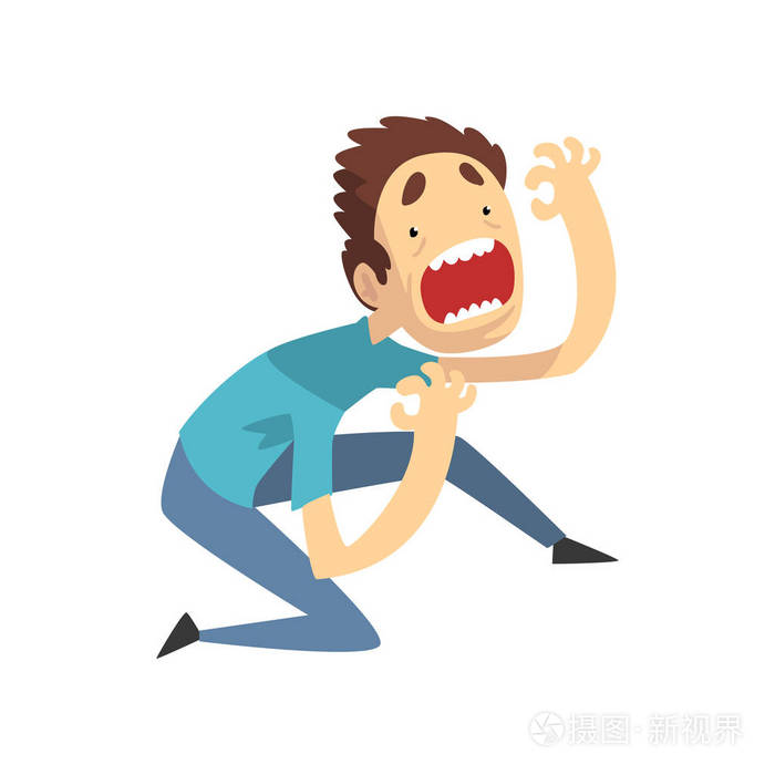 害怕和恐慌的年轻男子尖叫拼命, 情绪家伙害怕的东西向量例证在白色
