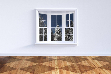 高分辨率的室内客房, 可从白色窗户看到雪树, 方形的 dessin 镶木地板, 圣诞节的概念