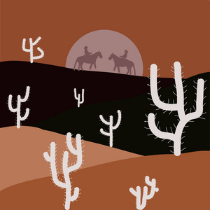 矢量插图。沙漠景观与仙人掌。动画片在褐色, 黑和米色颜色
