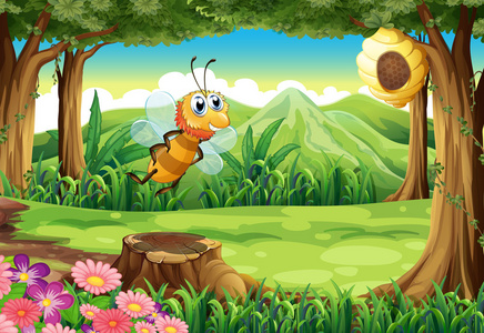 一只蜜蜂在蜂巢去森林
