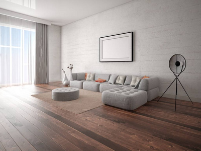 模拟一个现代化的客厅, 一个完美的角落沙发和一个轻的时髦背景