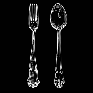 勺子和叉子厨房的东西银器古董手工画插图墨水涂鸦素描