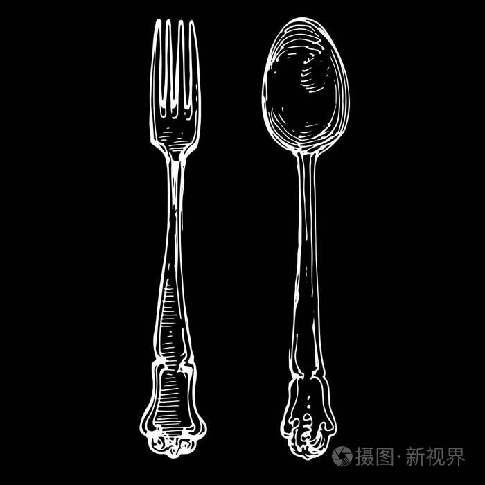 勺子和叉子厨房的东西银器古董手工画插图墨水涂鸦素描