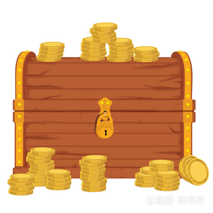 矢量图标与卡通关闭棕色木制海盗胸部金色的条纹和挂锁, 在白色背景上充满了宝藏硬币