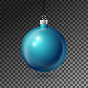现实的蓝色圣诞球与银色丝带, 隔离在透明的背景。圣诞快乐贺卡。向量例证
