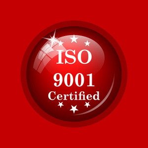 Iso9001 图标。红色背景上的互联网按钮